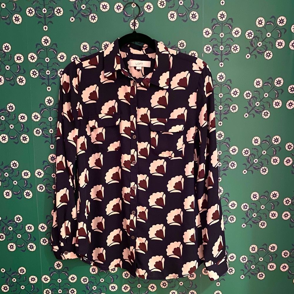 Loft Vintage Inspired Deep Navy Button Down Blouse with Pink Floral Pattern
